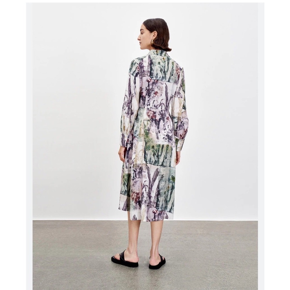 Urban Revivo Abstract Botanical Print Midi Shirt Dress Multi Color Long Sleeve 4